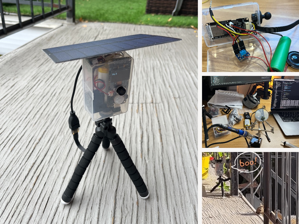 Solar-powered camera on a tripod, electronics workbench, soldering setup, and the device deterring a squirrel on the balcony